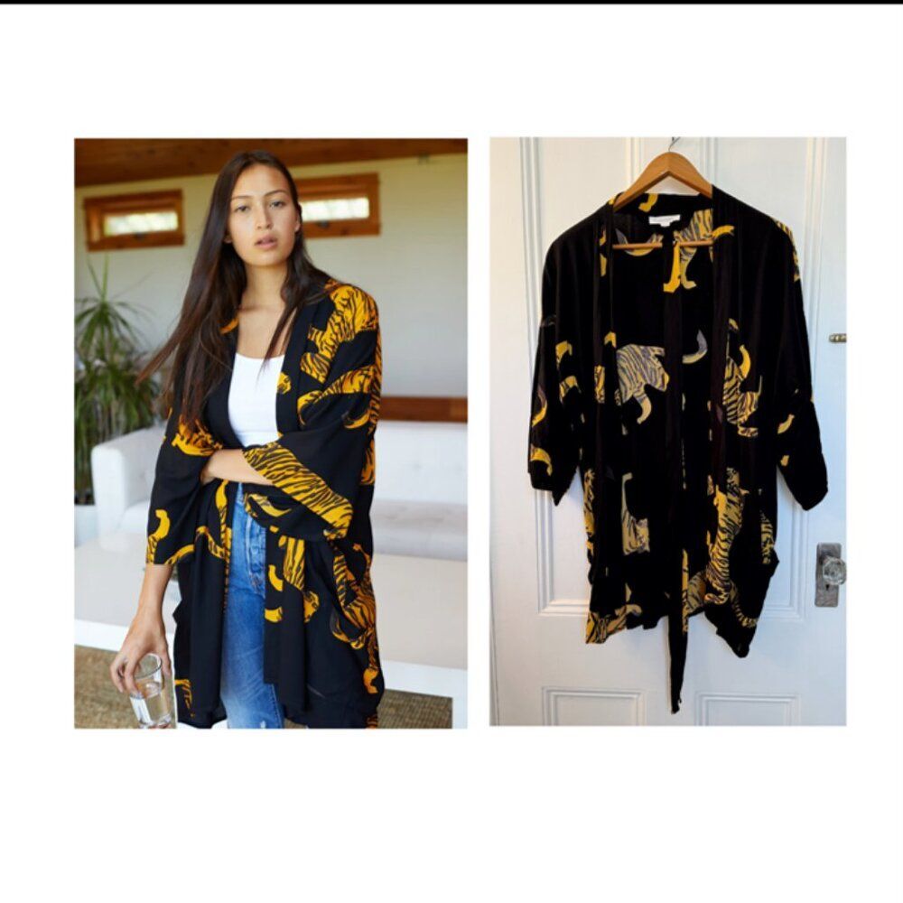Emerson Fry Fete  M/L Kimono Robe Layering Top Black Gold Tigers Modal Cotton